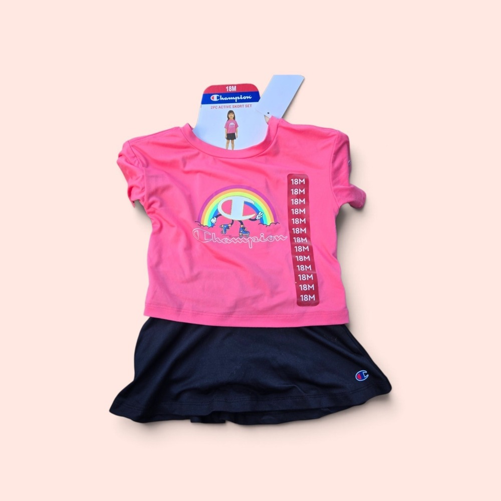 NWT Champion Girls 2PC Active Skort Set Rainbow Graphic Tee Black Skort 18Mos